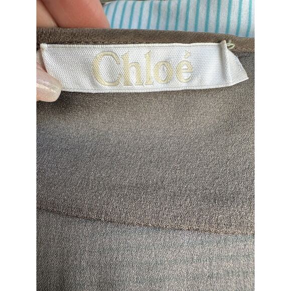 Chloe Sheer Olive Green 100% Silk V-neck Drop Waist Dress Gold Buttons FR40/US 8 - Picture 13 of 16